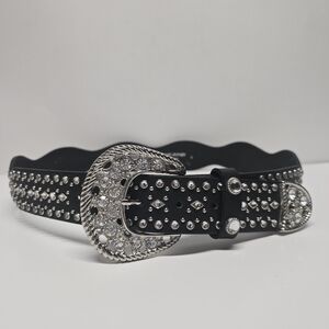 Christine Alexander Black Leather Swarovski Rhinestones Western Belt Women's L